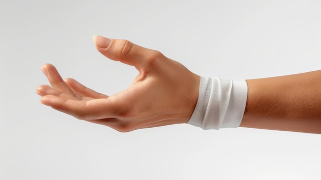 Photo minimalistic photo series of a wrist injury in a gentle splint on a white background