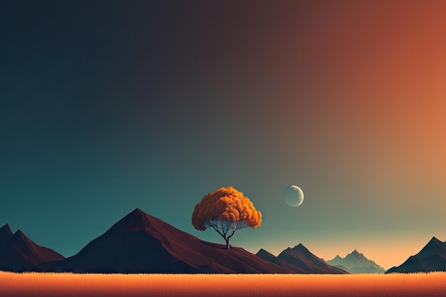 Minimalistisch landschap met een enkele boom Minimaal surrealistisch concept Vintage schilderij Generatieve AI-illustratie