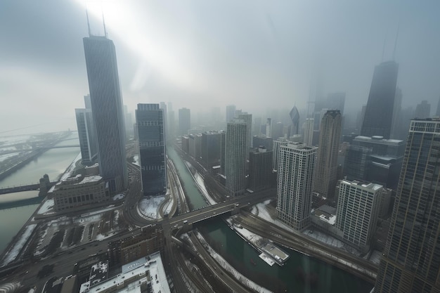 Misty cityscape with sunlight refraction