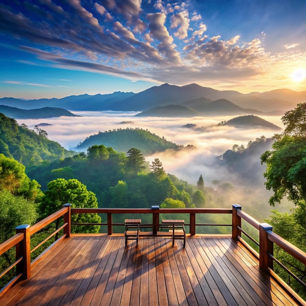 Misty clouds on the mountain in the morning in Thailand with a popular photo corner