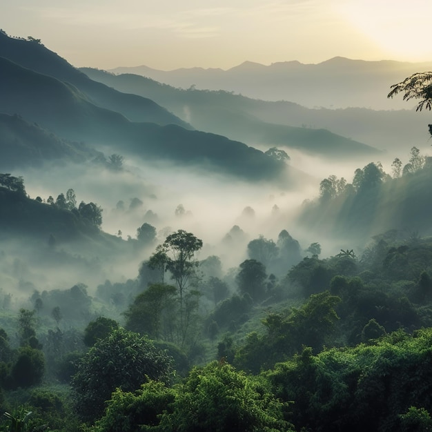 Photo a misty morning in the mountains of muang.