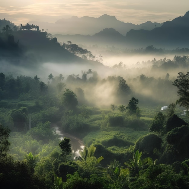 Photo a misty morning in the mountains of ubud, indonesia