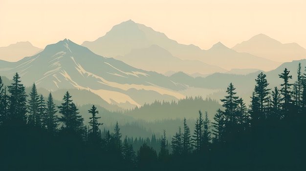 Photo misty mountain range with silhouetted evergreen trees