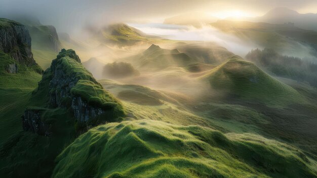 Photo misty sunrise over the lush rolling hills of the scottish highlands with fog gently