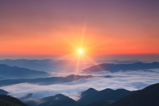 Photo misty sunrise in summer in mountains