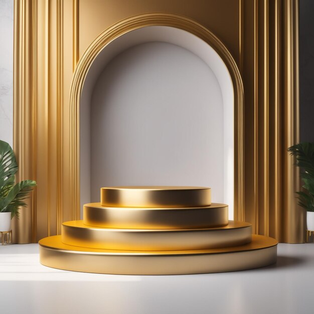 mockup podium with golden color silk fabric placed on luxury premium pedestal elegance background