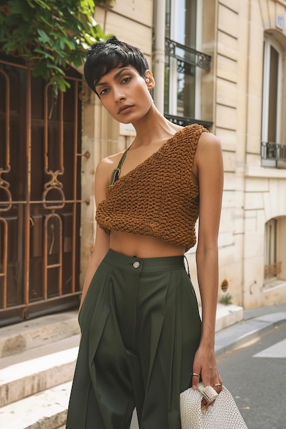 Foto una modella indossa una gonna verde con un top marrone e una gonna verde