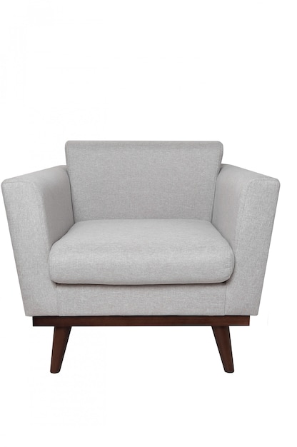 Modern bright grey fabric armchair with wooden legs isolated on white.