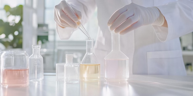 Photo a modern bright lab in which a scientist in a white coat performs various tests on a chemical sample surrounded by test tubes pipettes and petri dishes