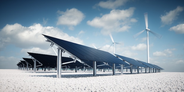 Photo modern and futuristic aesthetic black solar panels of large photovoltaic power station with wind turbines in background in nice sunny afternoon weather with partial cloudy blue sky. 3d rendering.