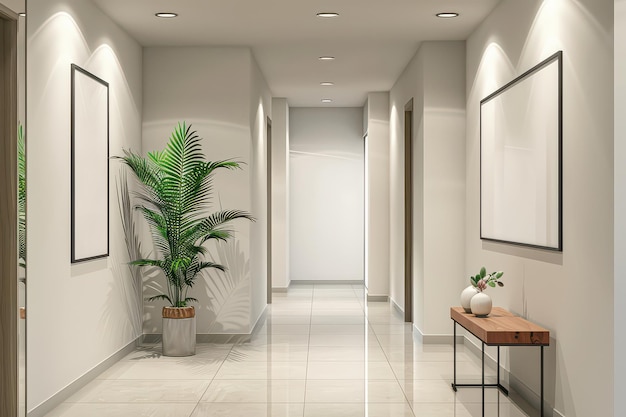 Photo a modern hallway with white walls tile flooring and a palm plant in a pot