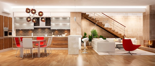 Modern interior of kitchen with living room