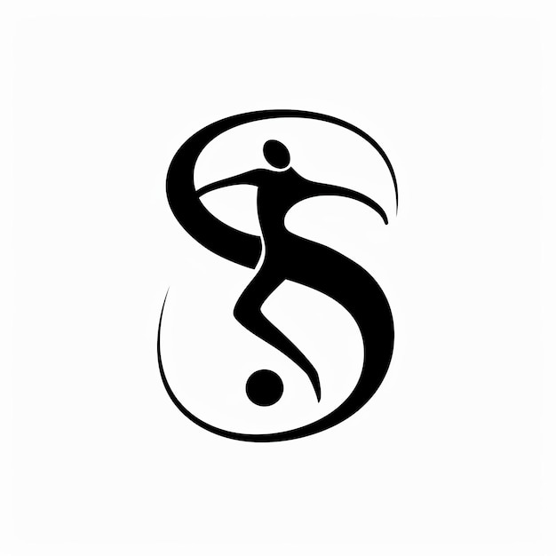 a modern minimal monochrome logo with stick figure playing football in shape of alphabet S