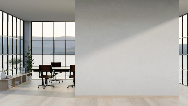 Photo a modern minimalist office corridor features a white wall a parquet floor and a meeting space