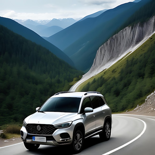 Photo a modern and sporty suv soaring over a scenic mountain road