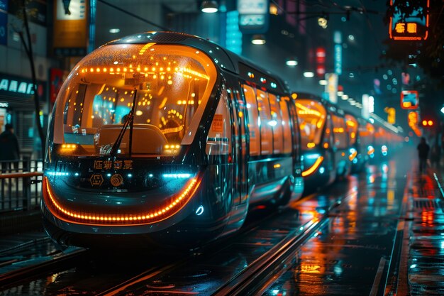 Photo modern tram train in city at night under rain