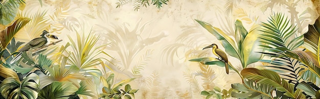 Photo modern wallpaper watercolor jungle illustration crane bird elements watercolor painting wallpaper mural wallpaper ai generated illustration