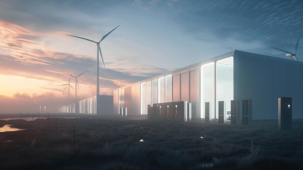 A modern wind farm with transparent turbines and glowing energy storage units