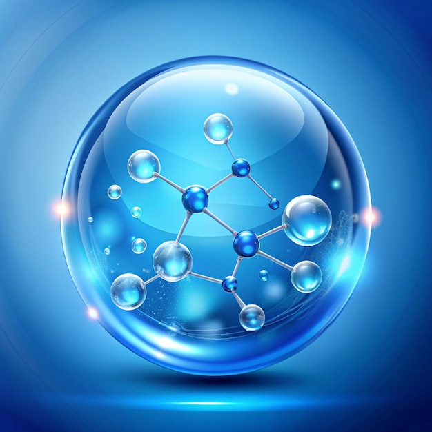 Photo molecule inside bubble on blue background blue collagen serum drops concept skin care cosmetics solution vector illustration