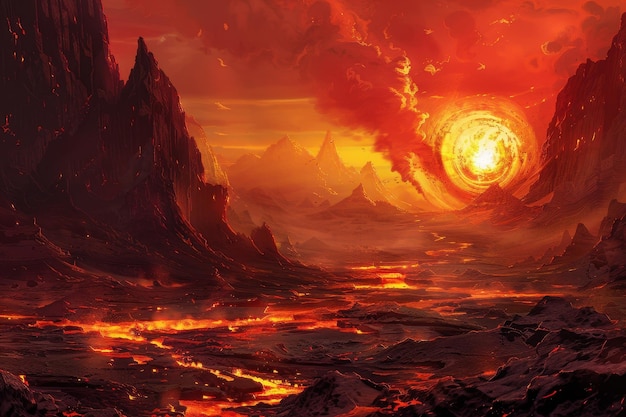 Photo molten rock landscape with a large sun in the distance and mountains in the foreground