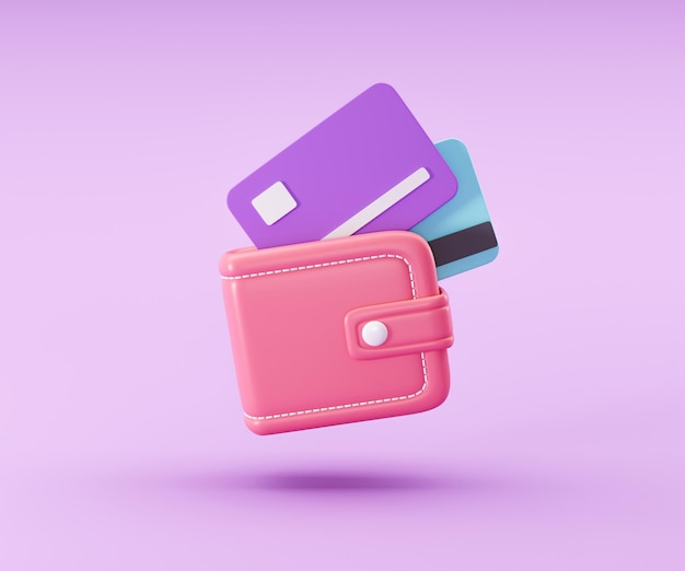 Money Saving icon concept Online payment Wallet coins stack and credit card on pink background