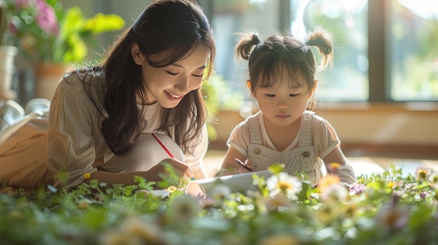 Foto madre e figlia che disegnano in un giardino di fiori