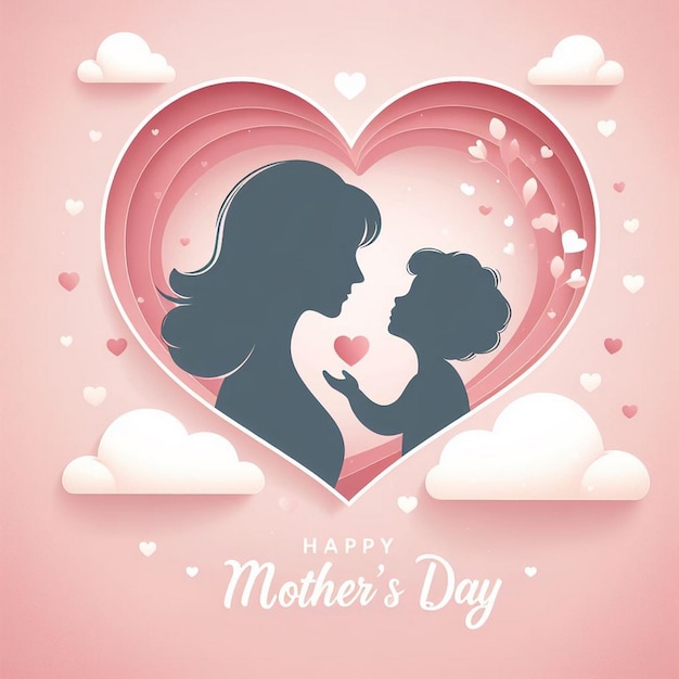 Photo mothers day illustration showing the silhouette of a mother and a child inside heart shape