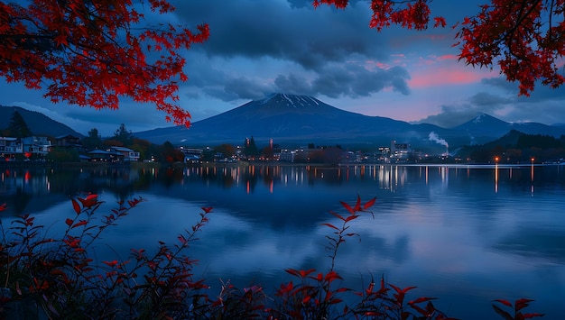 Photo a mountain is reflected in the water with a red tree in the foreground