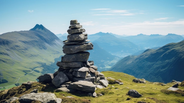 A mountain with a pyramid of rocks on the top of it