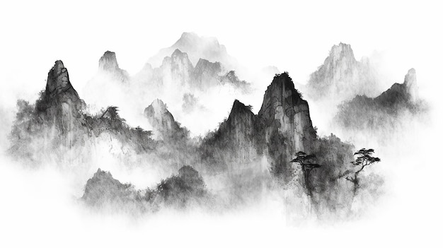 Mountainous setting Chinese traditional ink drawing Generative AI