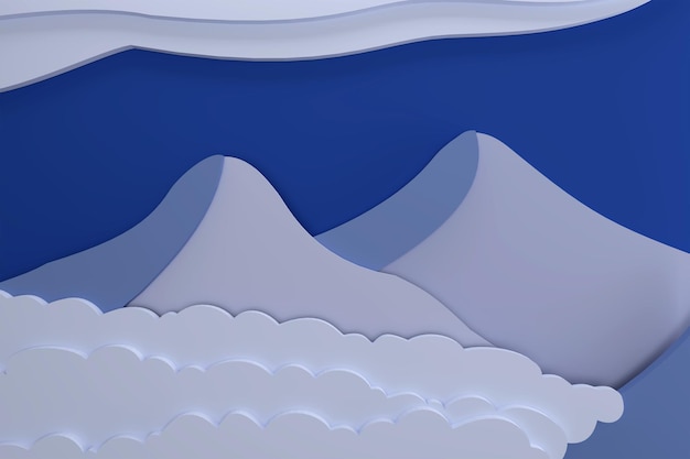 Mountains clouds among them in blue and lilac of paper design 3d illustration