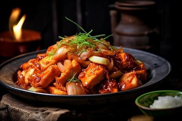 Foto mouthwatering plate van koreaanse stijl dak galbi pittige kippen roer friet met kool en rijst cakes