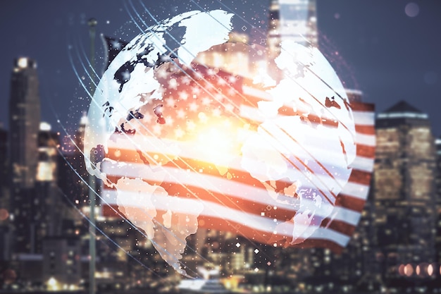 Photo multi exposure of abstract graphic world map hologram on us flag and city background connection and communication concept