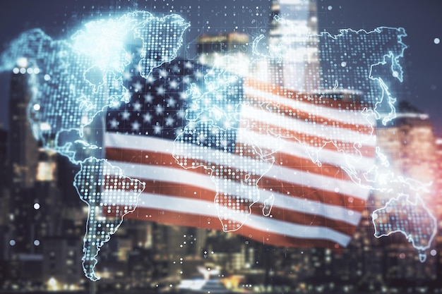 Photo multi exposure of abstract graphic world map on us flag and skyline background big data and networking concept