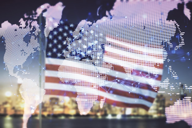 Photo multi exposure of abstract graphic world map on us flag and skyline background big data and networking concept