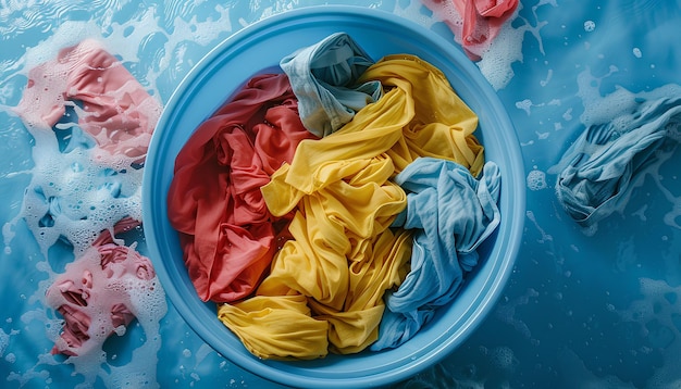 multicolor clothes except yellow swirl in a blue colour plastic basin top view