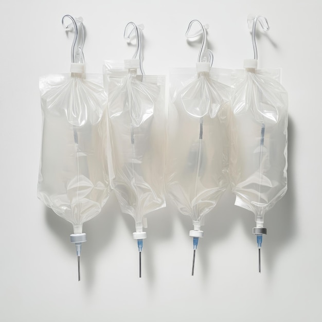 Photo multiple iv bags overhead view sterile medical background