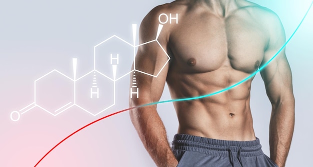 Photo muscular male torso and testosterone formula against gray background. concept of hormone increasing methods.