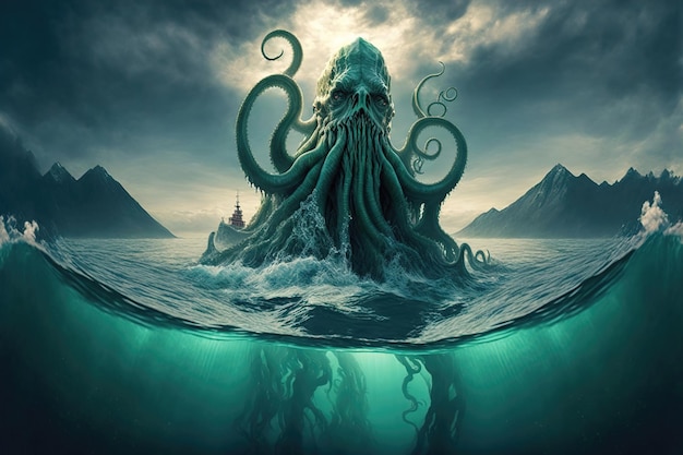 Mysterious monster Cthulhu in the sea huge tentacles sticking out of the water landscape 3d illustration