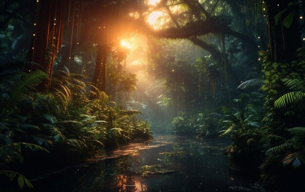 Photo mysterious tropical rainforest glows with lush greenery