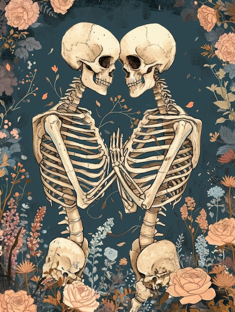 Mystical Lovers Skeleton Tarotkaart in Boho Pastels