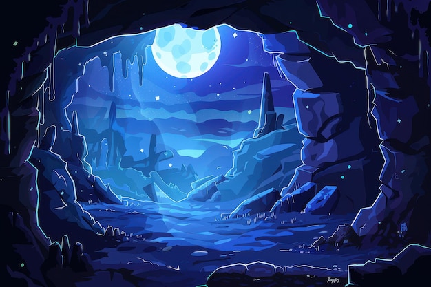 Photo mystical moonlight cavern with glowing crystals and starry night sky