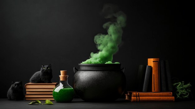 A mystical scene featuring a cauldron with green smoke surrounded by black cats and books