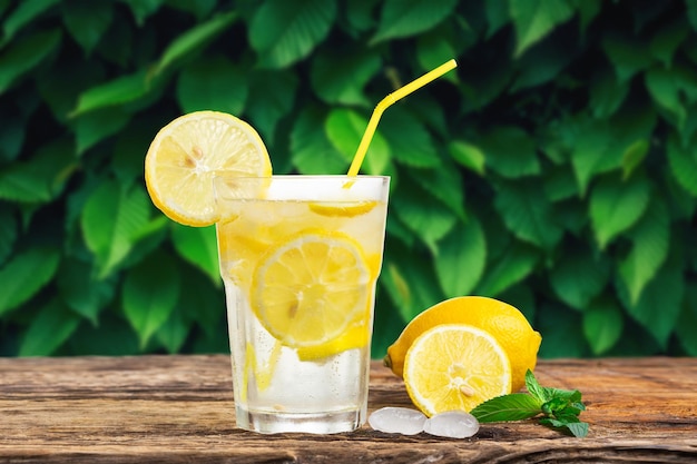 Natural lemonade with mint and fresh fruit on wooden table