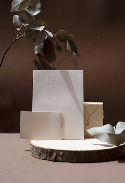 Natural styled stock scene in brown earth tones, wooden podium with copy space