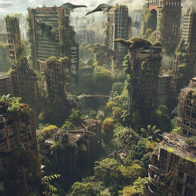 Nature reclaiming civilization in dystopian future