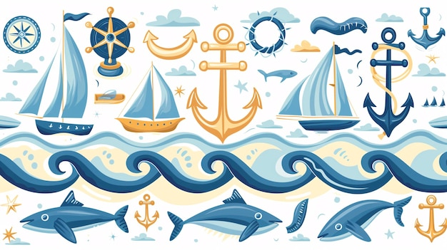 Nautical Seamless Pattern with Anchors Sailboats Fish and Waves