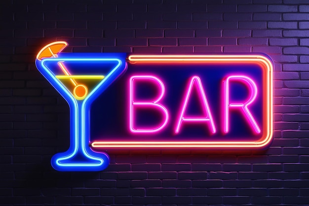 Foto segno luminoso al neon con bicchiere da cocktail e paglia su parete di mattoni neri grafica informatica elettrica