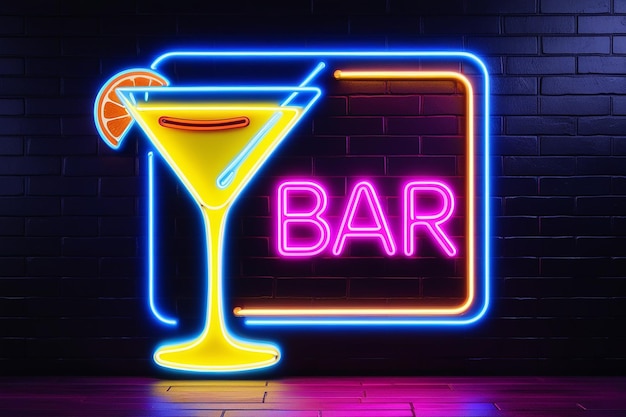 Foto segno luminoso al neon con bicchiere da cocktail e paglia su parete di mattoni neri grafica informatica elettrica