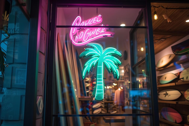 A neon sign in a window